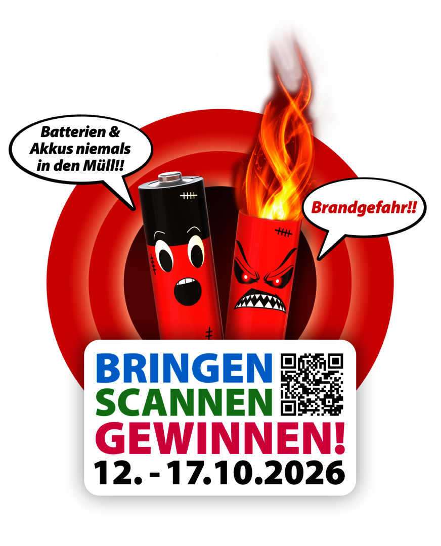 Batterien-Aktion: Zwei animierte Batterien, eine in Flammen, mit Textblasen.